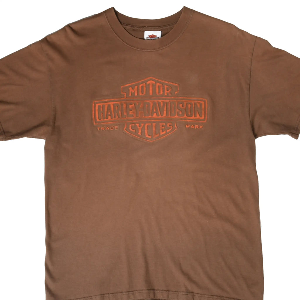 Front of brown Harley-Davidson T-shirt with orange Motor Cycles logo