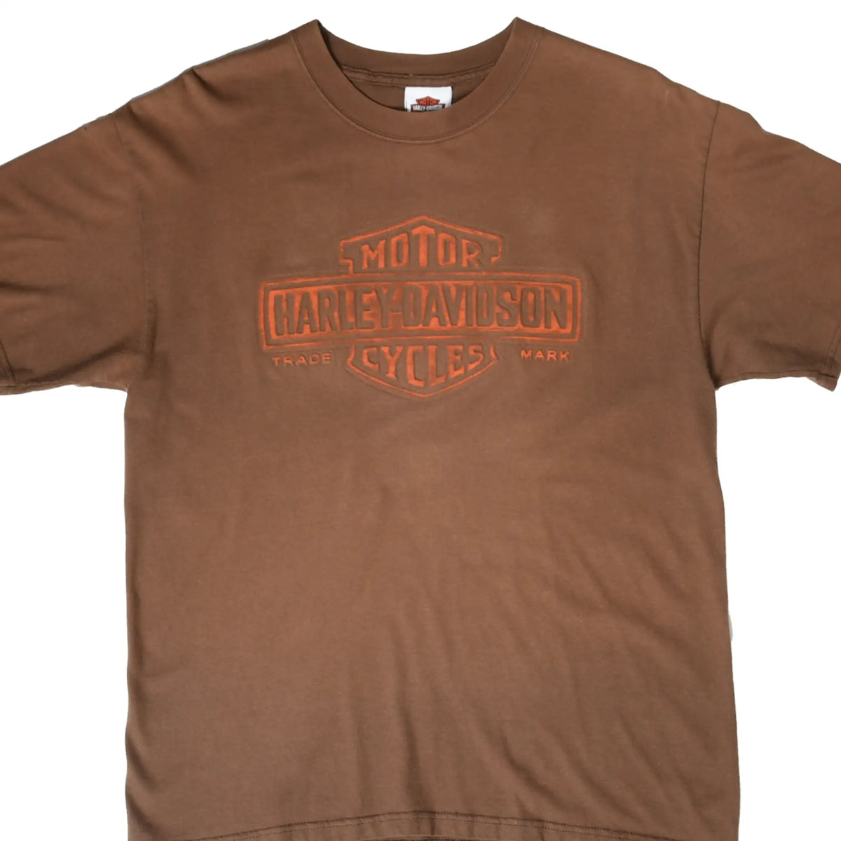 Front of brown Harley-Davidson T-shirt with orange Motor Cycles logo