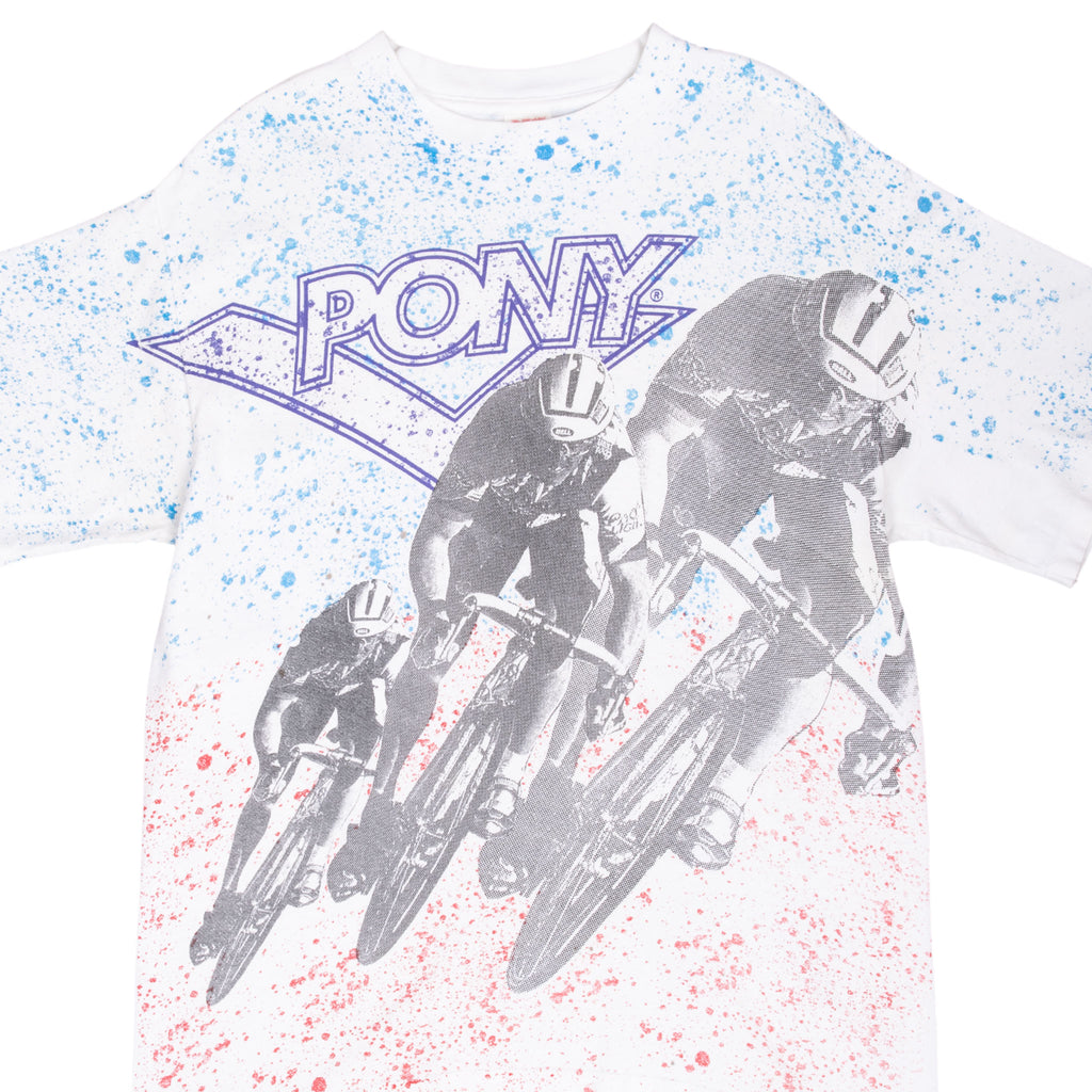 Vintage Pony Cycling All Over Print Tee Shirt Large Made In Usa With Single Stitch Sleeves