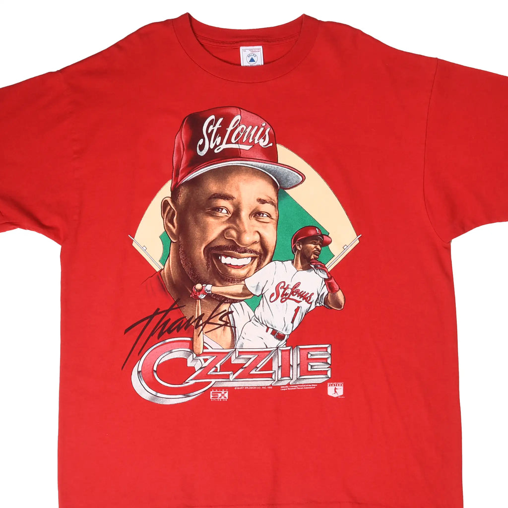 Front close-up of red St. Louis Cardinals Ozzie Smith T-shirt with player portrait graphic