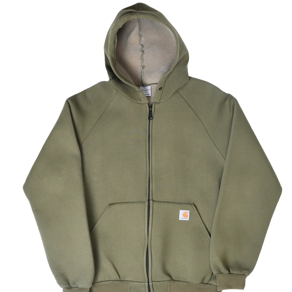 Front of olive green Carhartt full-zip hoodie with fleece-lined hood and logo patch on pocket
