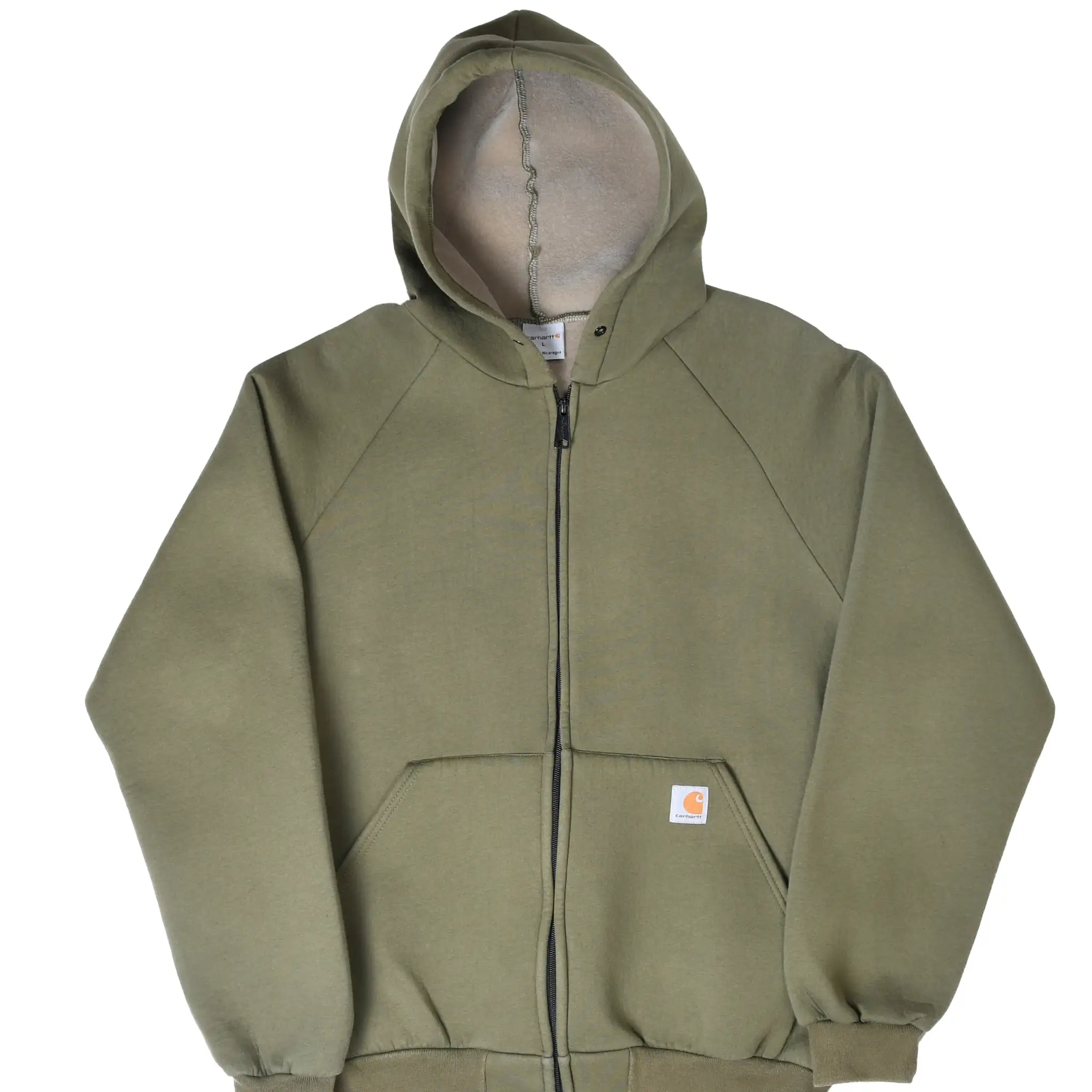 Front of olive green Carhartt full-zip hoodie with fleece-lined hood and logo patch on pocket