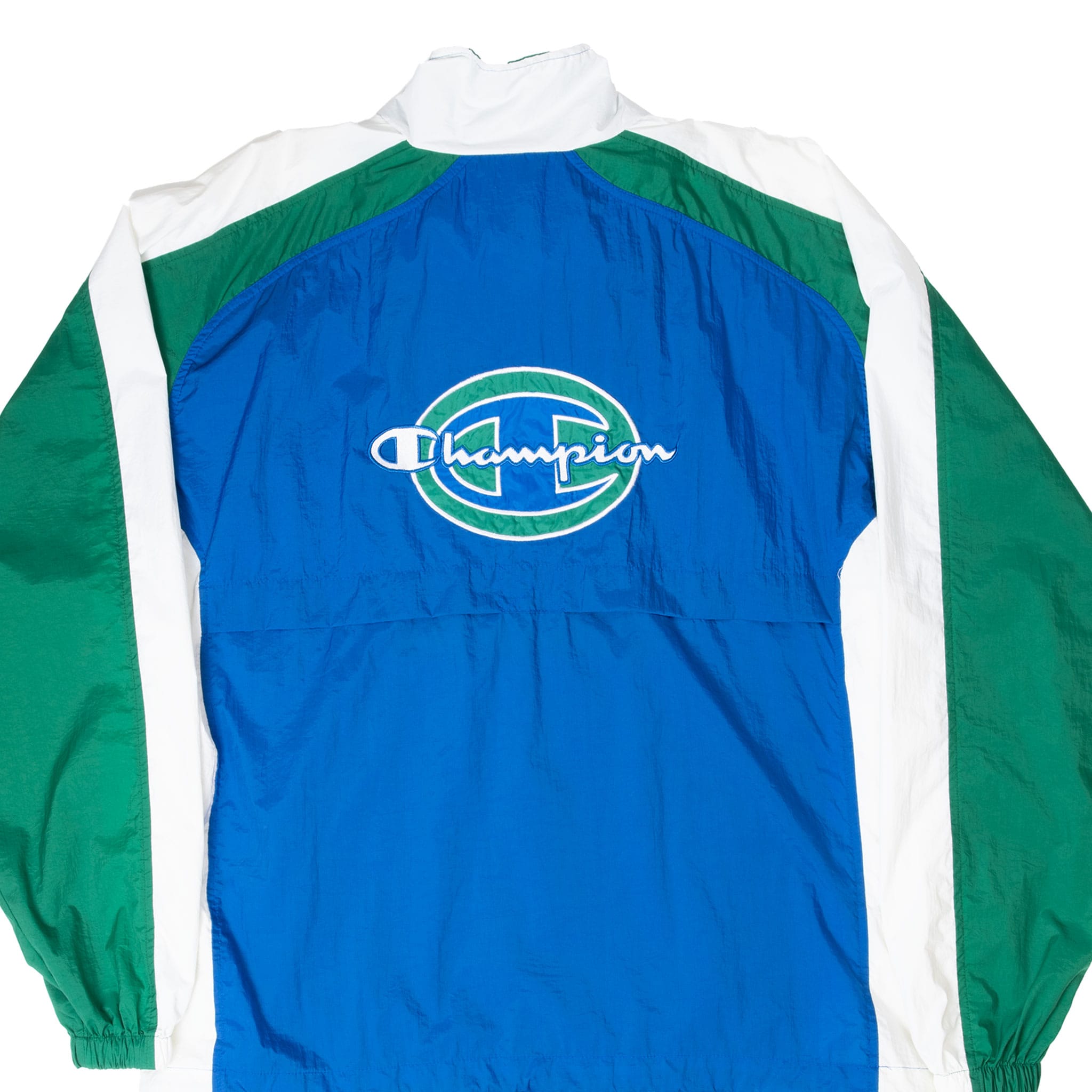Back detail of blue, green and white Champion windbreaker with large embroidered logo