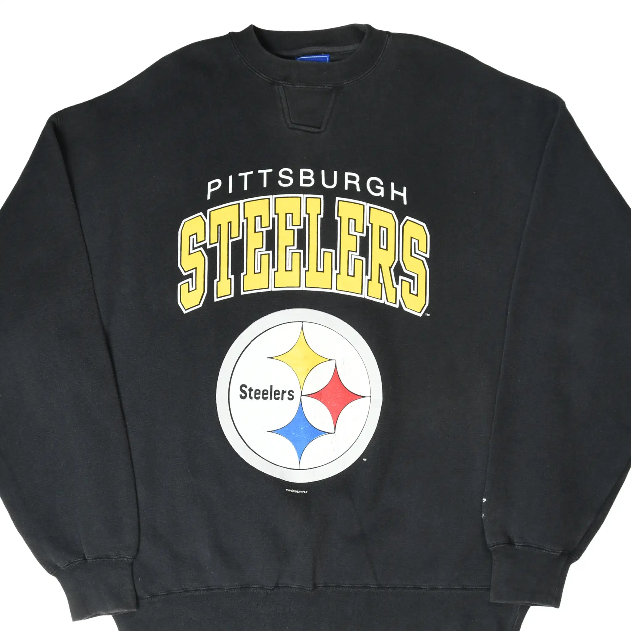 Front of black Starter Pittsburgh Steelers sweatshirt with yellow team name and logo graphic