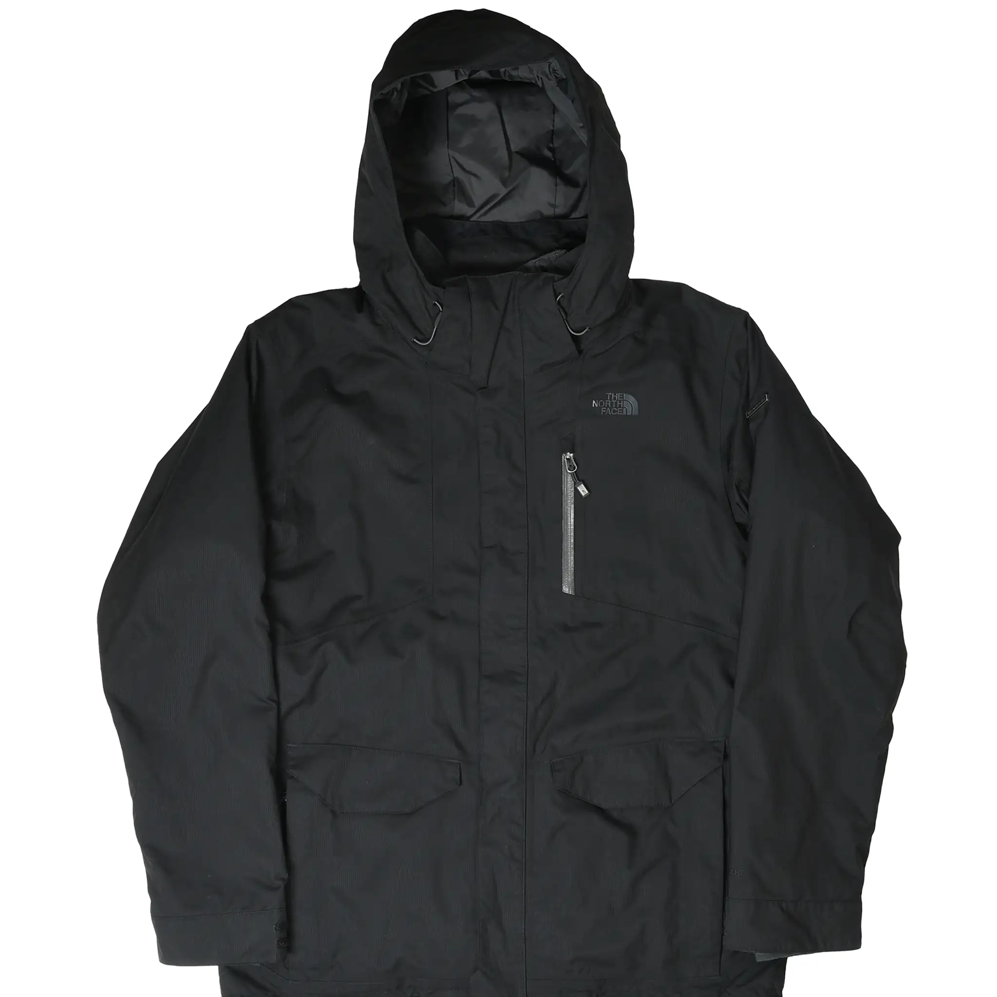 Front of black The North Face hooded outer jacket with chest and flap pockets