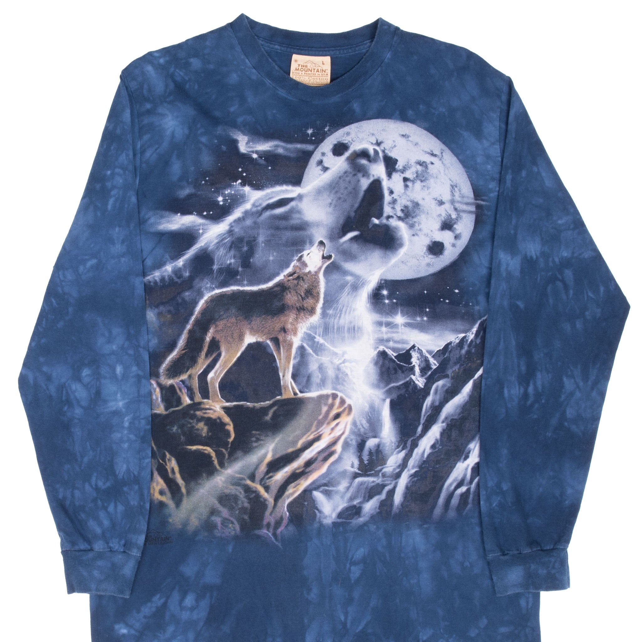 Vintage The Mountain Animal Print Moon Wolf Tie Dye Long Sleeve Tee Shirt 2002 Size Large