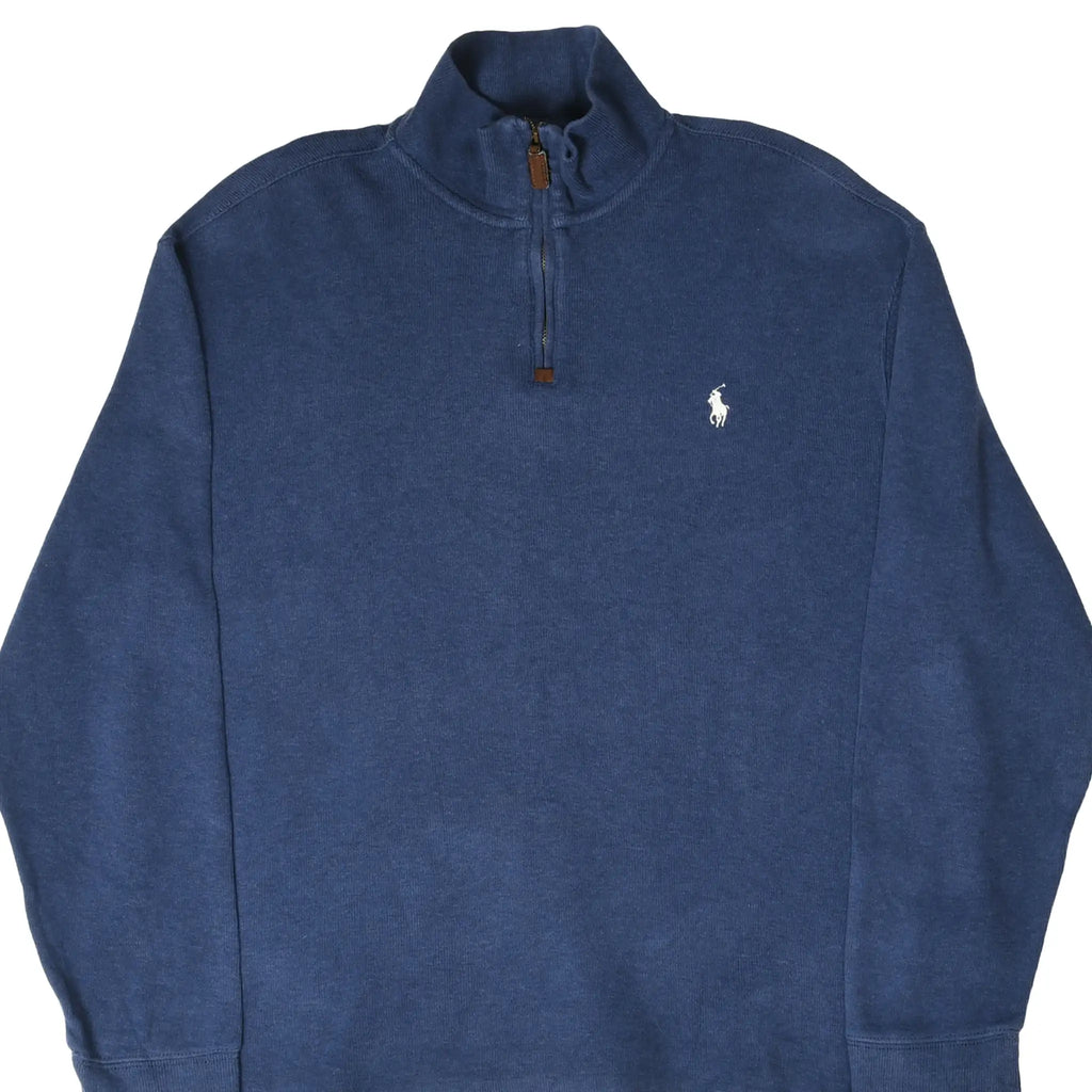 Front of blue Polo Ralph Lauren quarter-zip sweater with white pony embroidery