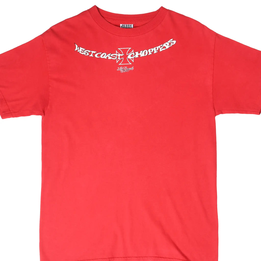 Front of red West Coast Choppers T-shirt with white chest logo