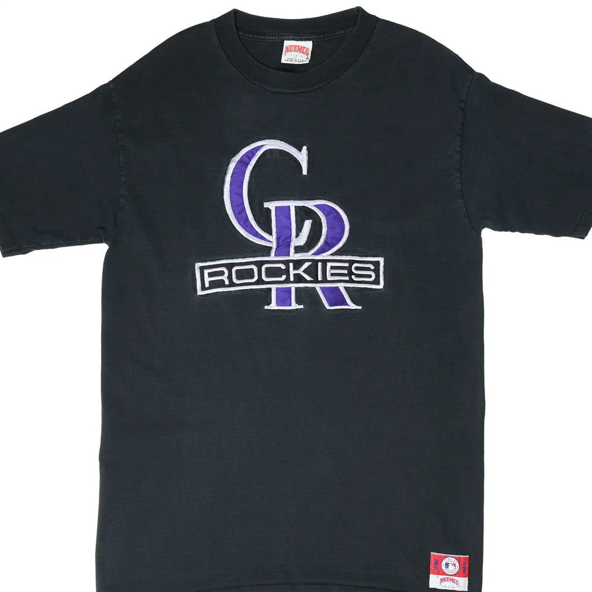 Front of black Colorado Rockies T-shirt with purple, white, and gray embroidered CR logo
