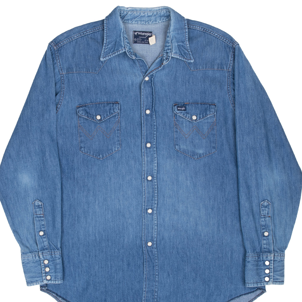 Vintage Wrangler Blue Pear Button Denim Shirt 1980S Size 17 X 34 Made In Usa