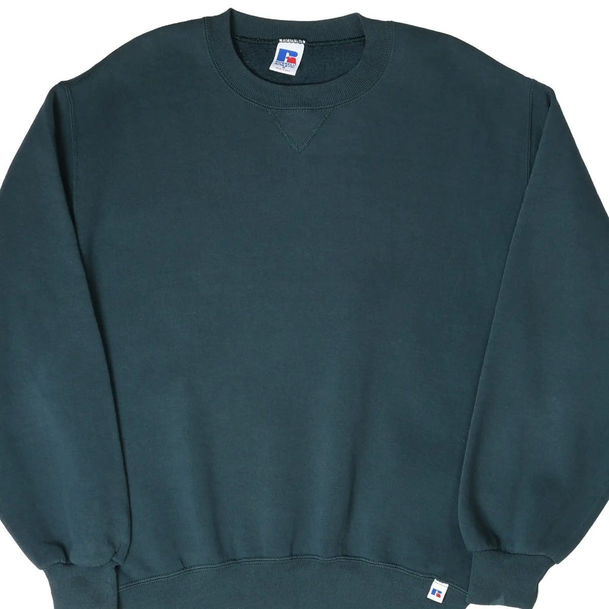 Front detail of blank forest green Russell Athletic crewneck sweatshirt