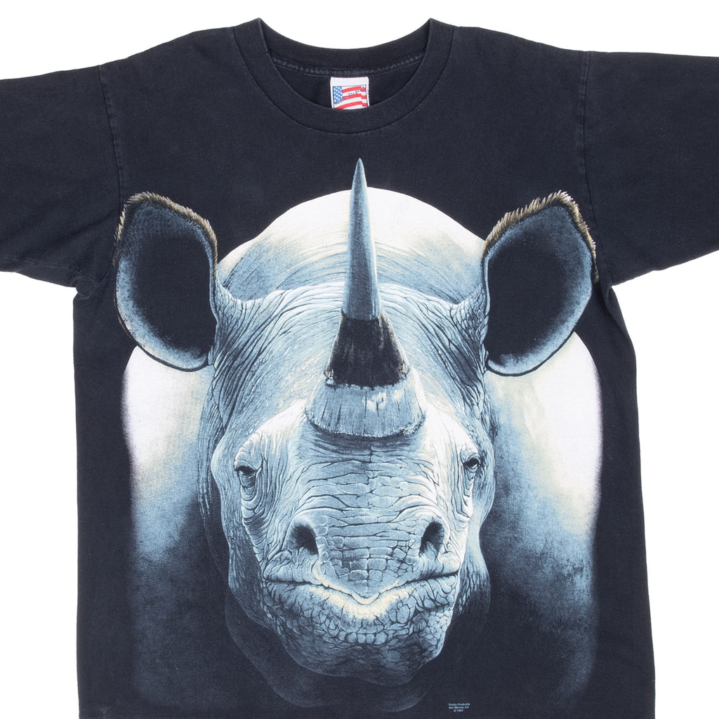 Vintage Rhinoceros 1994 Animal Print Tee Shirt Size Large Made In Usa With Single Stitch Sleeves