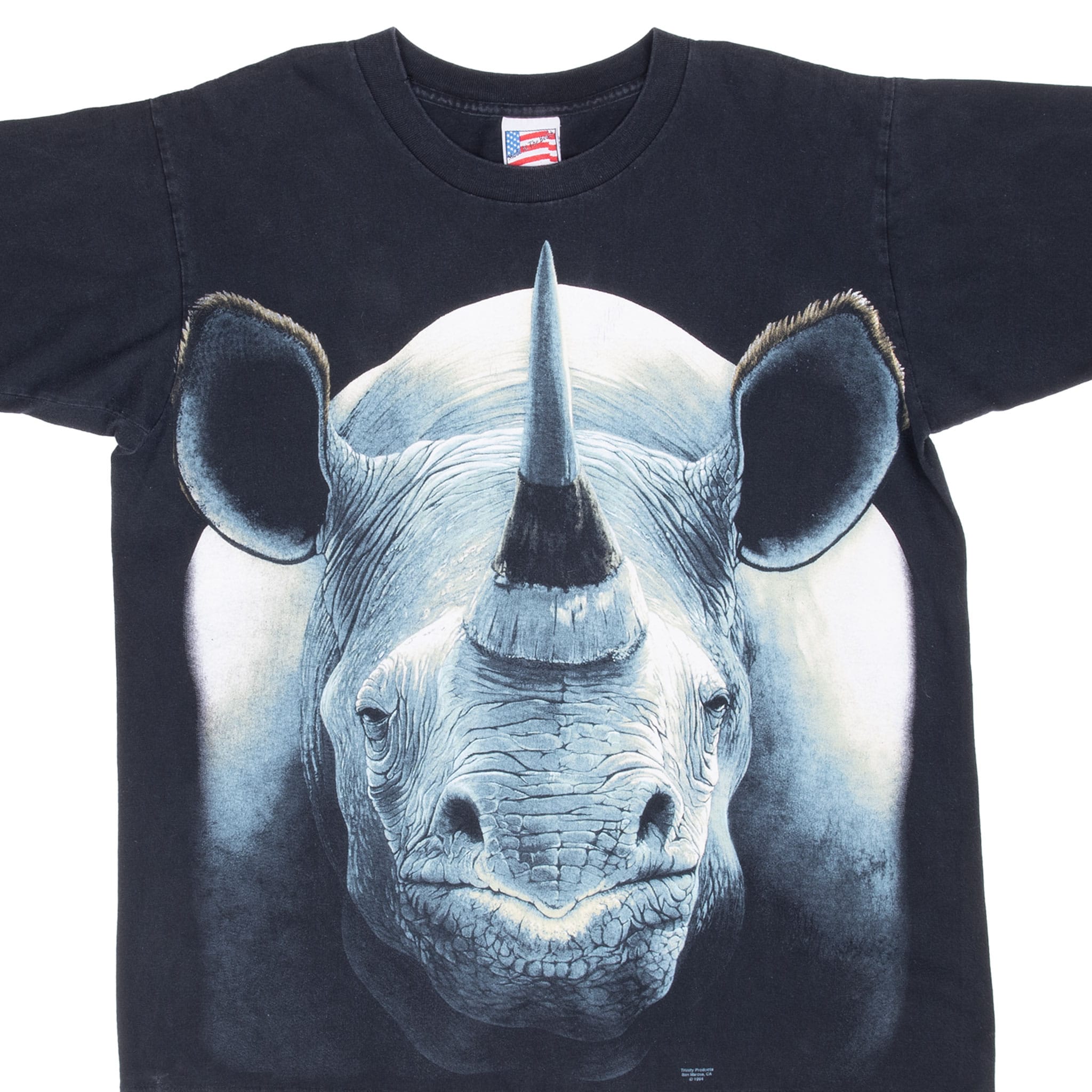 Vintage Rhinoceros 1994 Animal Print Tee Shirt Size Large Made In Usa With Single Stitch Sleeves