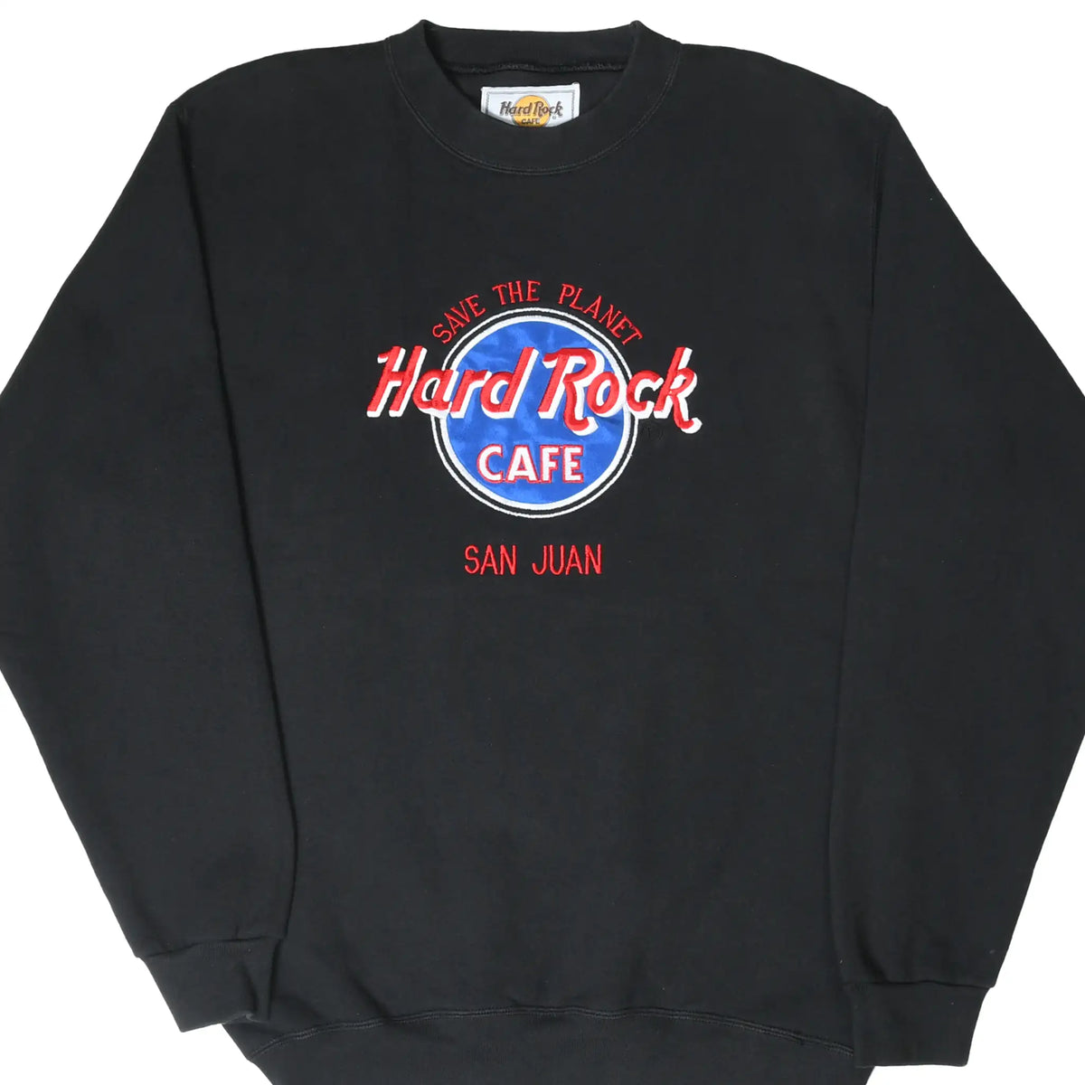 Front of black Hard Rock Cafe San Juan sweatshirt with red, white and blue Save the Planet logo