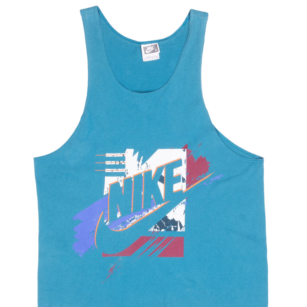 Vintage Nike Spellout Teal Tank Top Tee Shirt 1990S Size Medium Made In Usa