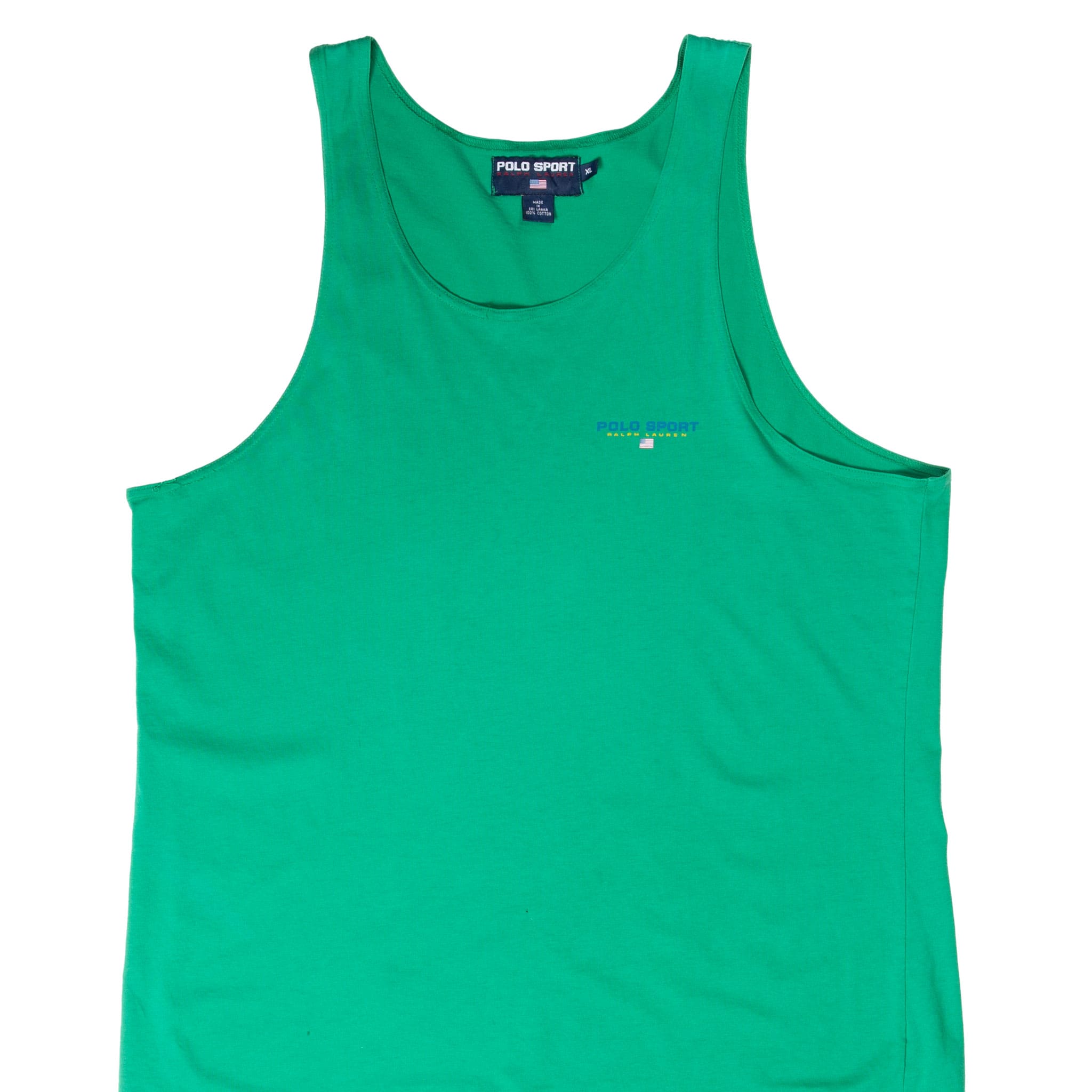 Front upper view of green Polo Sport Ralph Lauren tank top with small chest logo