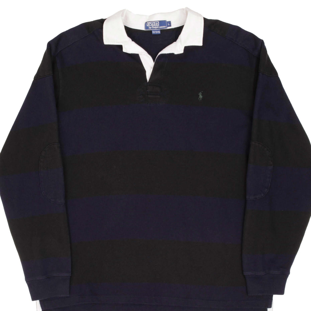 VINTAGE POLO RALPH LAUREN BLACK & BLUE RUGBY POLO STRIPE 1990S SIZE LARGE