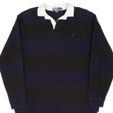 VINTAGE POLO RALPH LAUREN BLACK & BLUE STRIPE RUGBY POLO SHIRT 1990S SIZE LARGE
