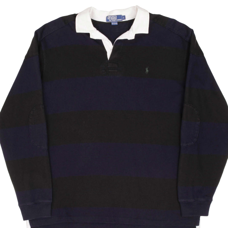 VINTAGE POLO RALPH LAUREN BLACK & BLUE STRIPE RUGBY POLO SHIRT 1990S SIZE LARGE