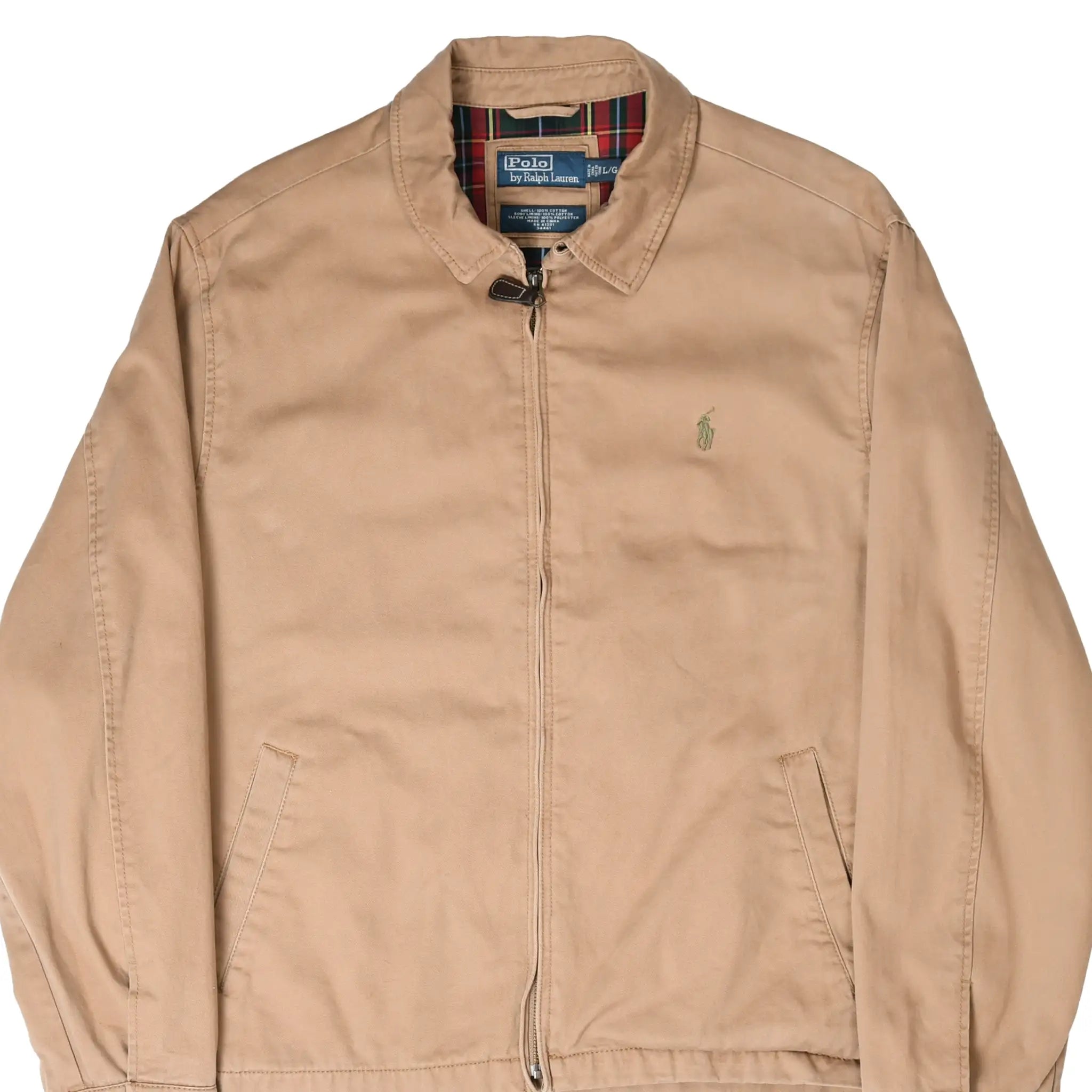 Front upper view of brown Polo Ralph Lauren Harrington jacket with green pony embroidery