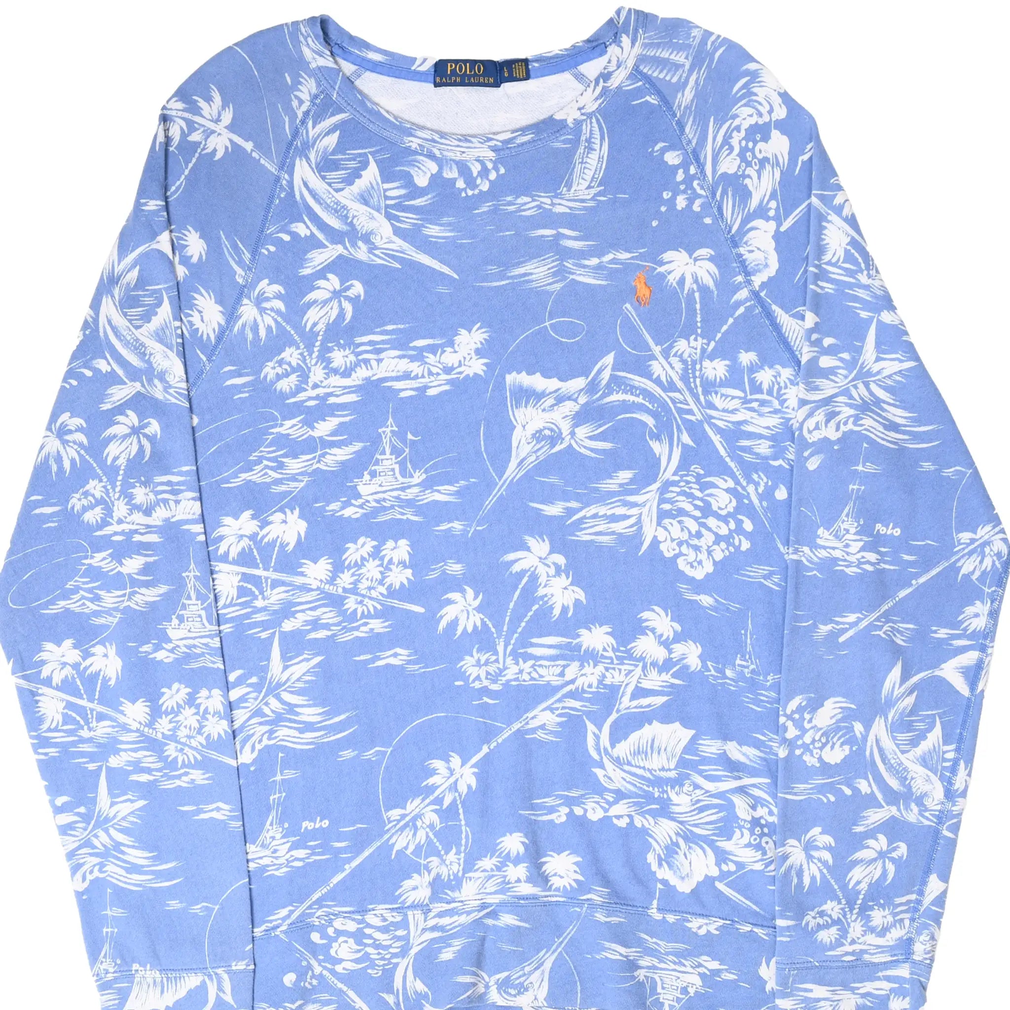 Front of blue Polo Ralph Lauren crewneck sweatshirt with white swordfish and tropical print