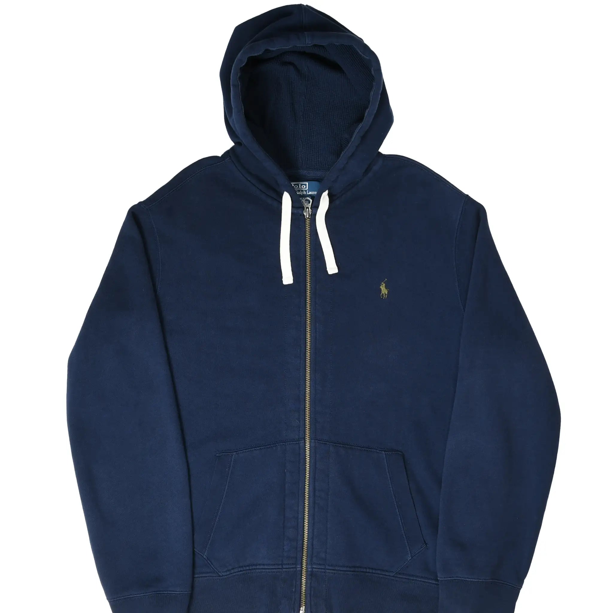 Front of navy blue Polo Ralph Lauren full-zip hoodie with white drawstrings and embroidered pony