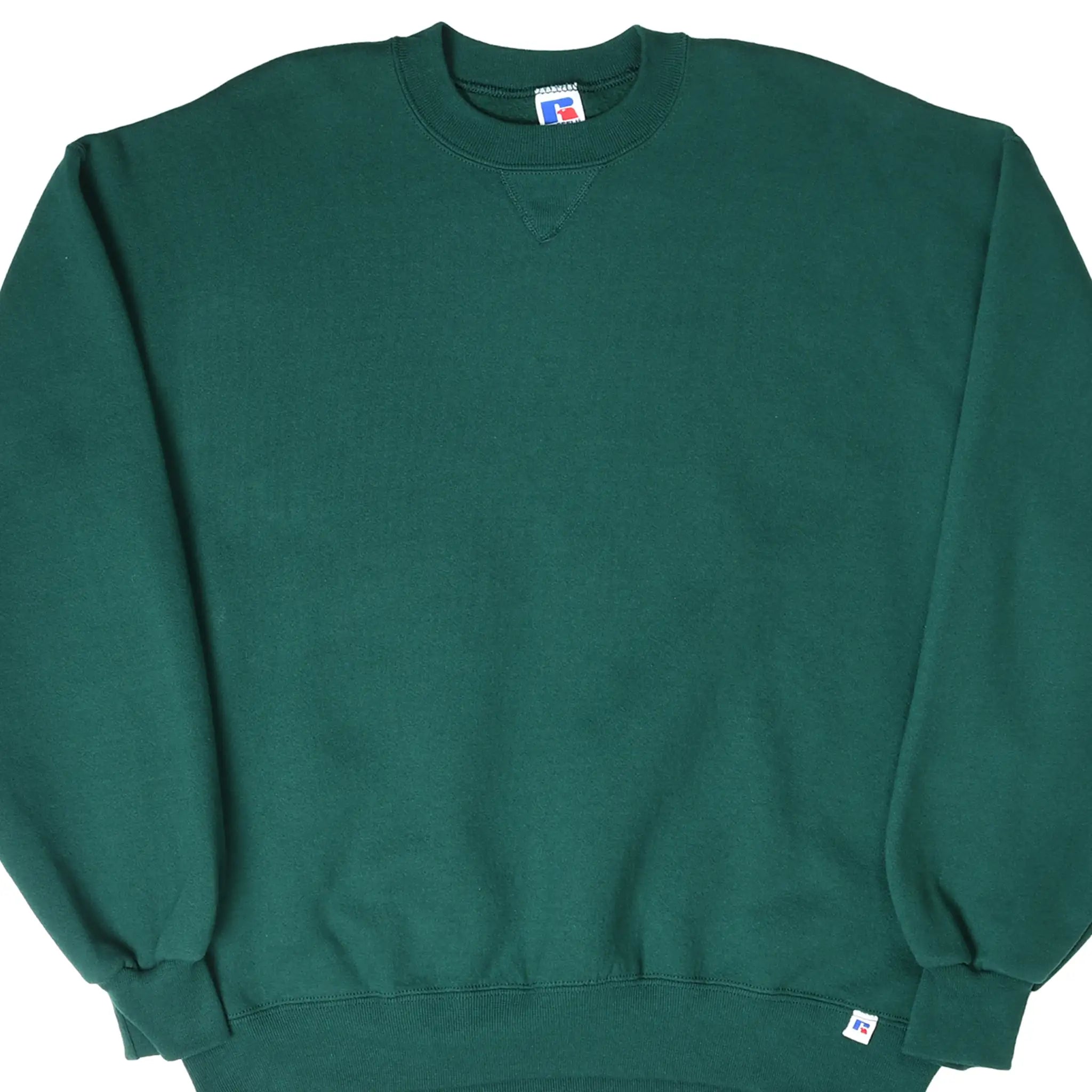 Front of blank pine green Russell Athletic crewneck sweatshirt