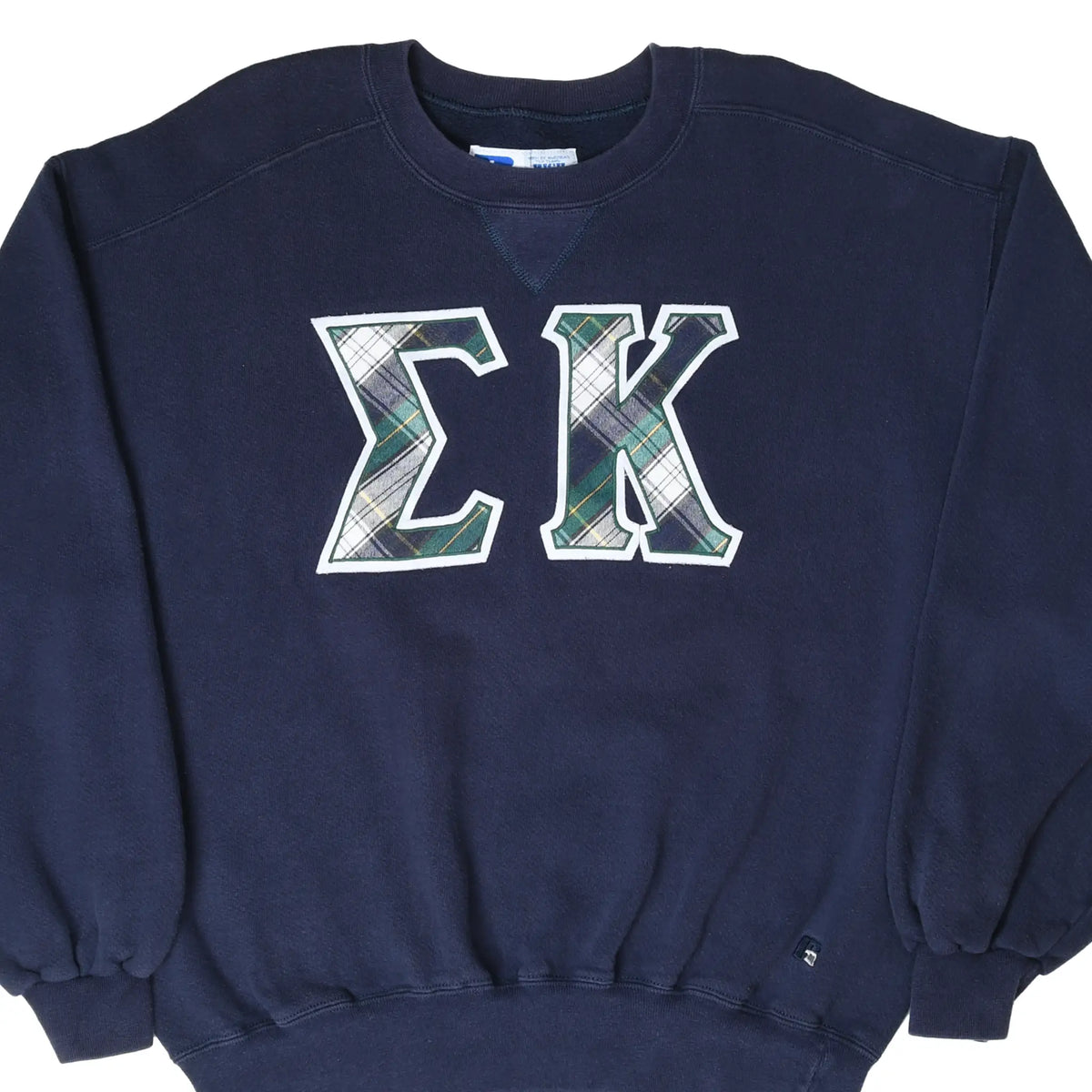 Front close-up of navy Russell Athletic sweatshirt with plaid Epsilon Kappa letters