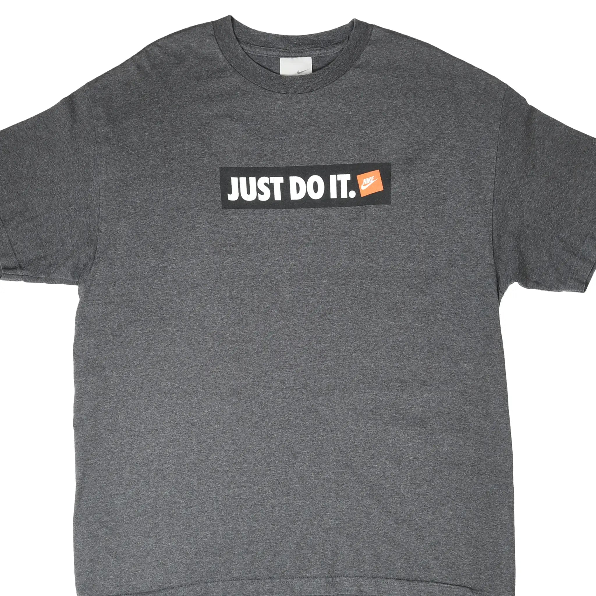 Front of dark gray Nike T-shirt with Just Do It chest graphic