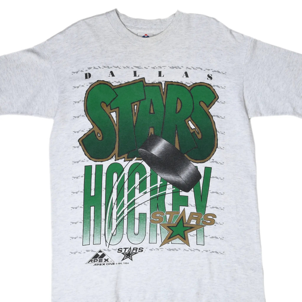 Front of gray Dallas Stars NHL T-shirt with green hockey graphic