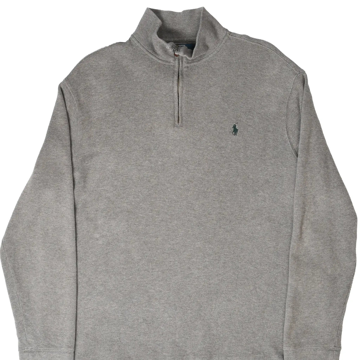Front upper view of grey Polo Ralph Lauren quarter-zip sweater with green pony embroidery