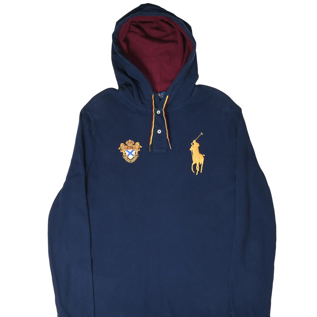 Front of navy Polo Ralph Lauren pullover hoodie with burgundy lining, crest and gold Big Pony embroidery