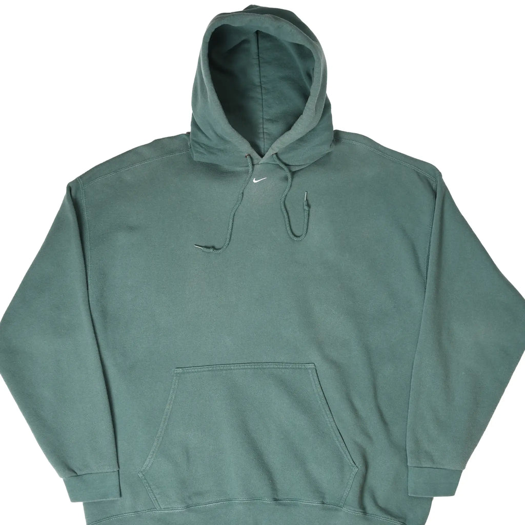 Front of green Nike pullover hoodie with small white center Swoosh and kangaroo pocket