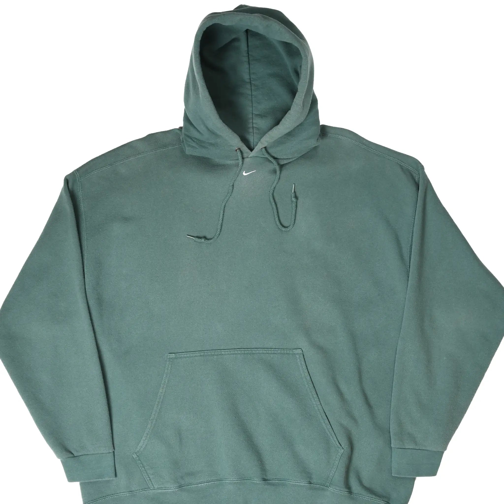 Front of green Nike pullover hoodie with small white center Swoosh and kangaroo pocket