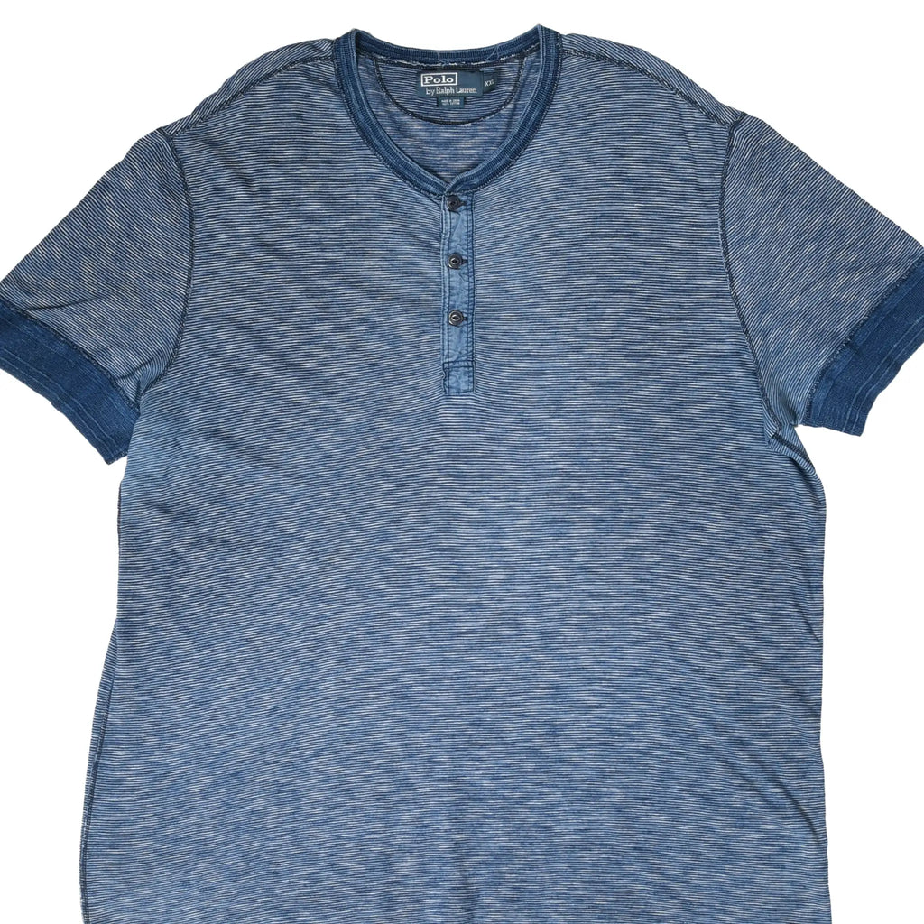 Polo Ralph Lauren blue striped henley T-shirt front, cropped close view of collar and button placket