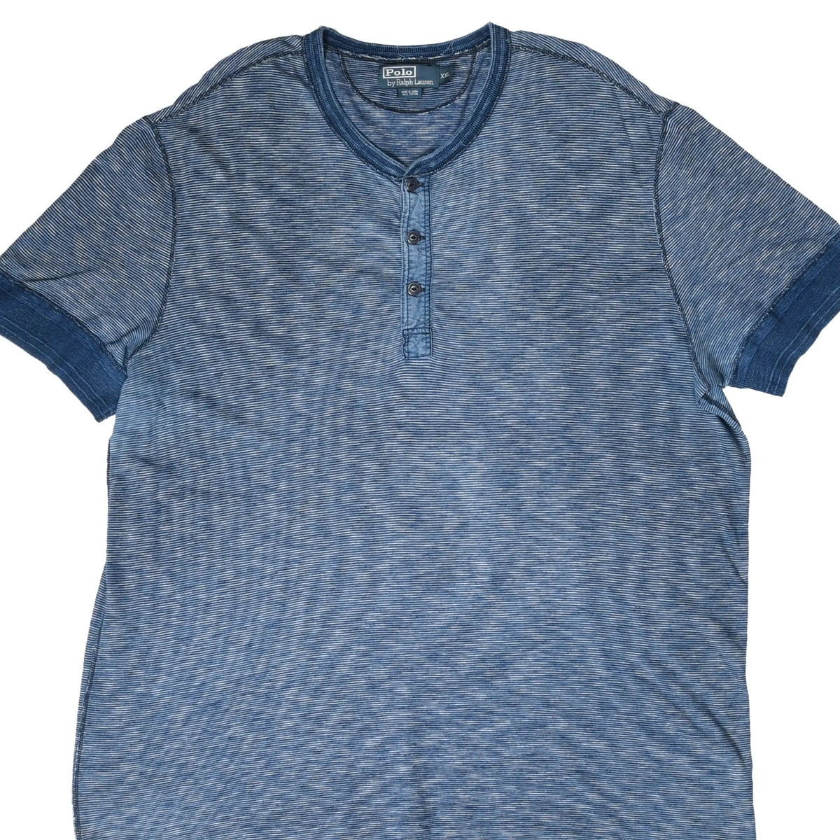 Polo Ralph Lauren blue striped henley T-shirt front, cropped close view of collar and button placket