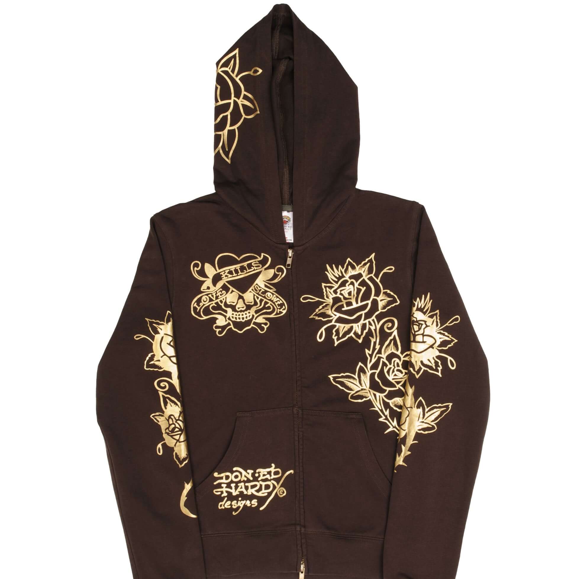 Vintage Ed Hardy Rhinestones Full Zip Hoodie Sweatshirt 2000S Size Women Large Made In USA