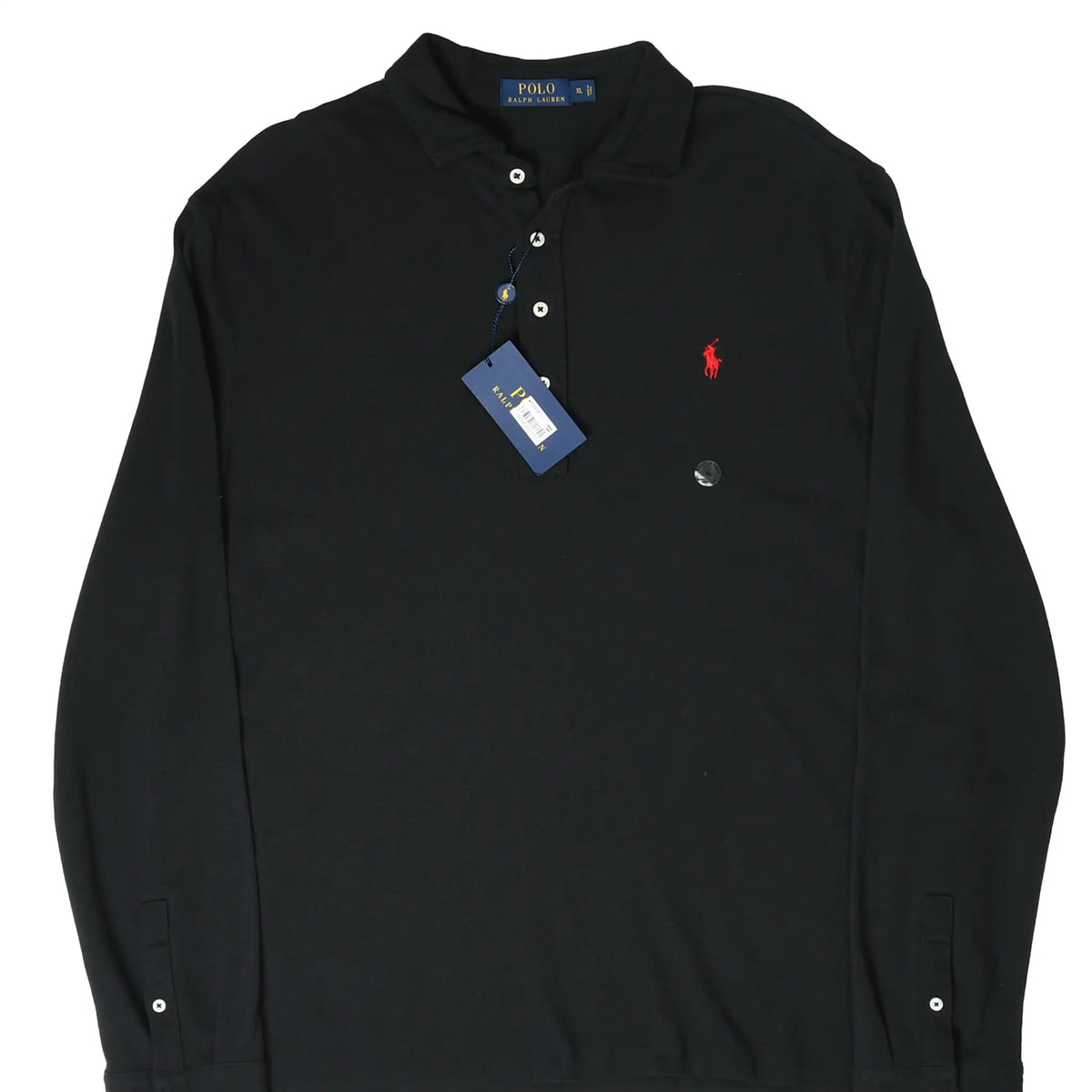 Front of black Polo Ralph Lauren long-sleeve polo shirt with red pony embroidery and hangtag