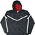 Front of black Nike hooded windbreaker with white stripes and red hood lining