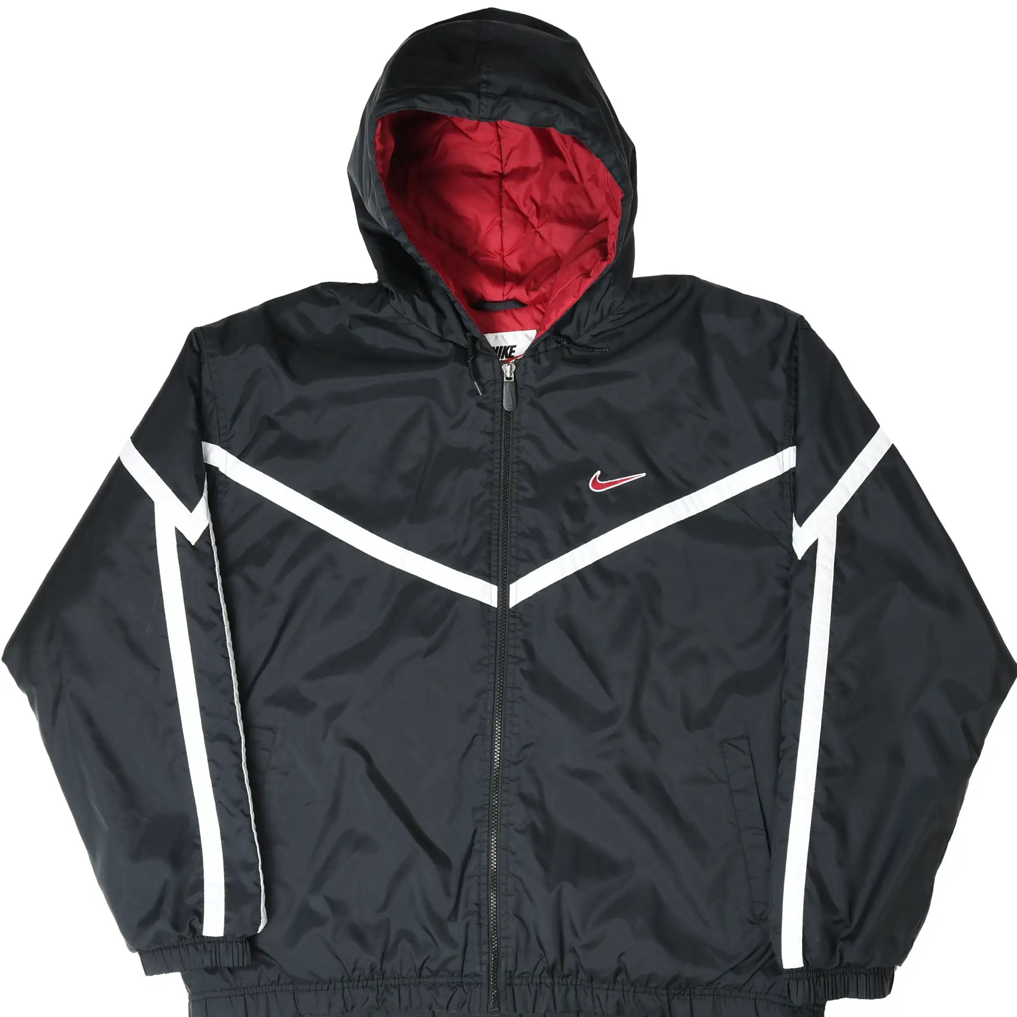 Front of black Nike hooded windbreaker with white stripes and red hood lining