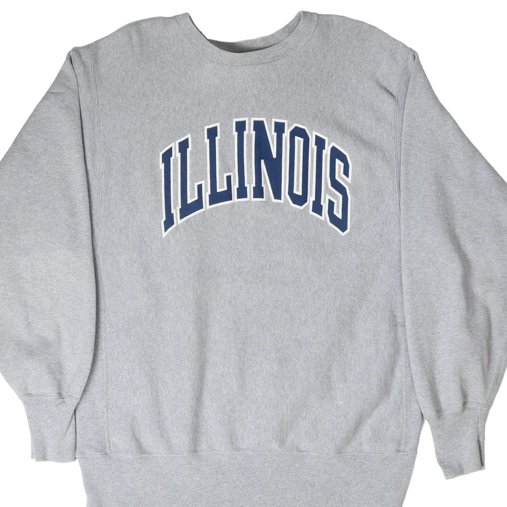 Front of gray Champion Reverse Weave sweatshirt with navy and white Illinois chest print