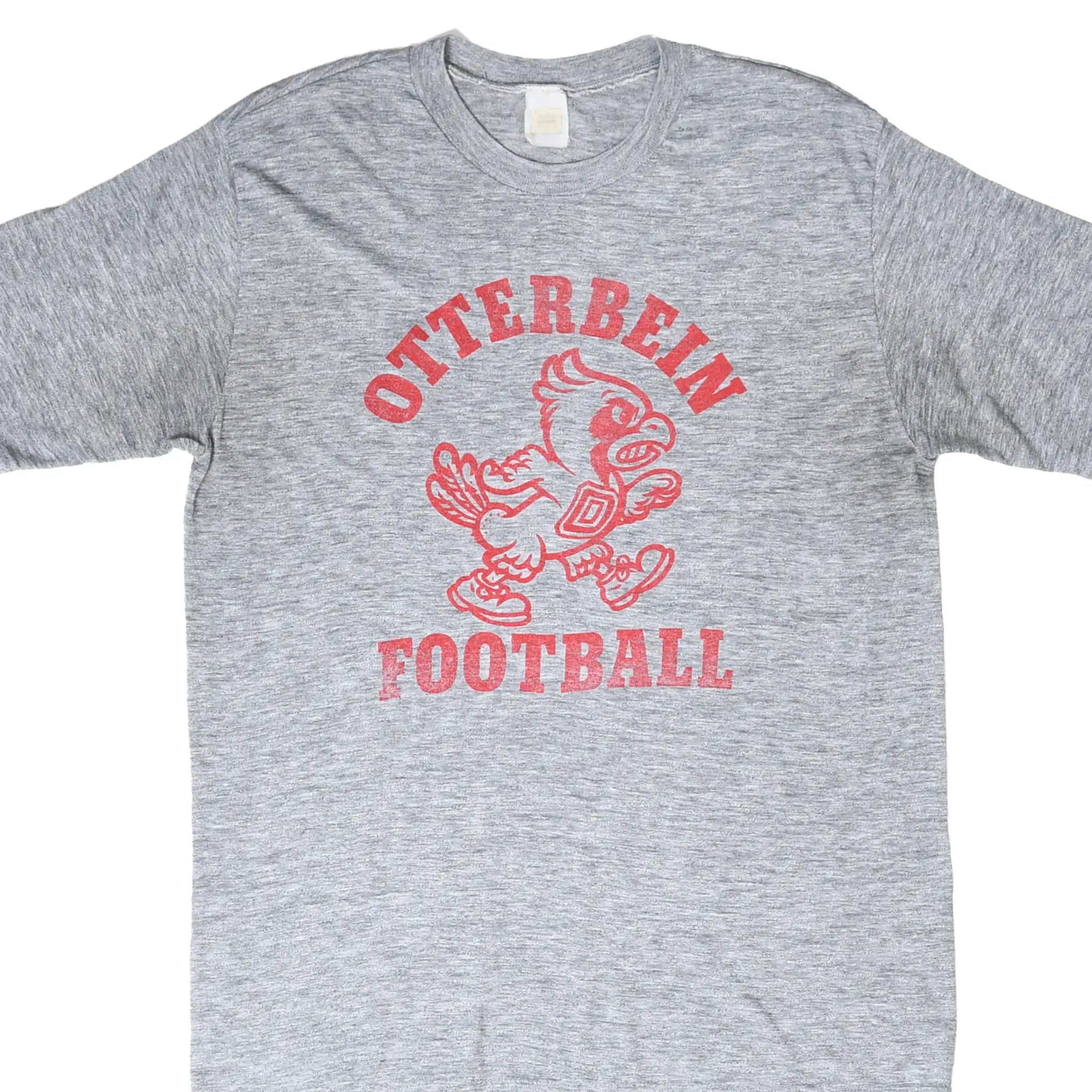 Front of gray Otterbein Football T-shirt with red cardinal graphic