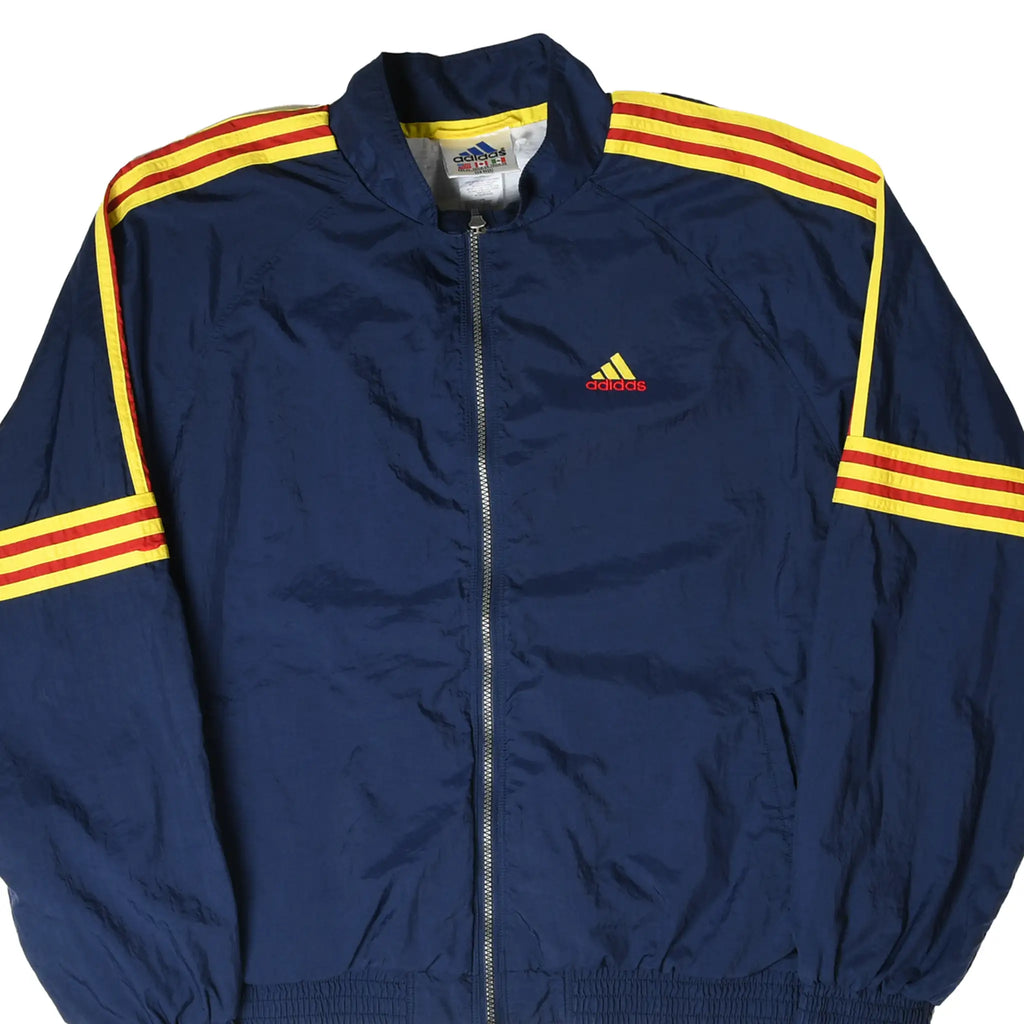 Front of navy Adidas windbreaker with red and yellow 3-Stripes and embroidered chest logo