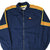 Front of navy Adidas windbreaker with red and yellow 3-Stripes and embroidered chest logo