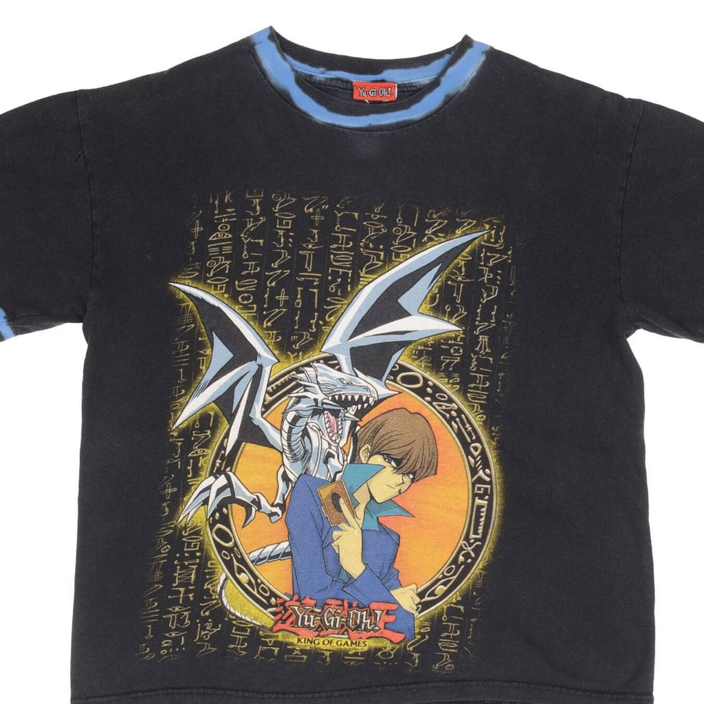 Close front view of black Yu-Gi-Oh tee with Seto Kaiba and Blue-Eyes White Dragon graphic