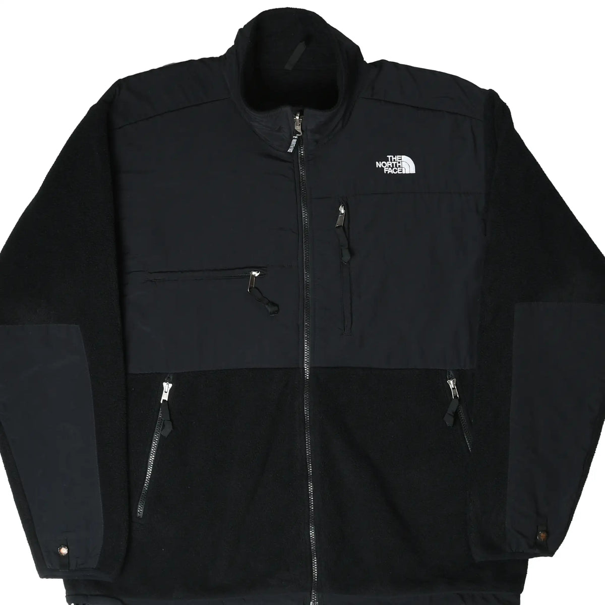 Front of black The North Face Denali fleece jacket with full zip, chest pocket, and embroidered logo