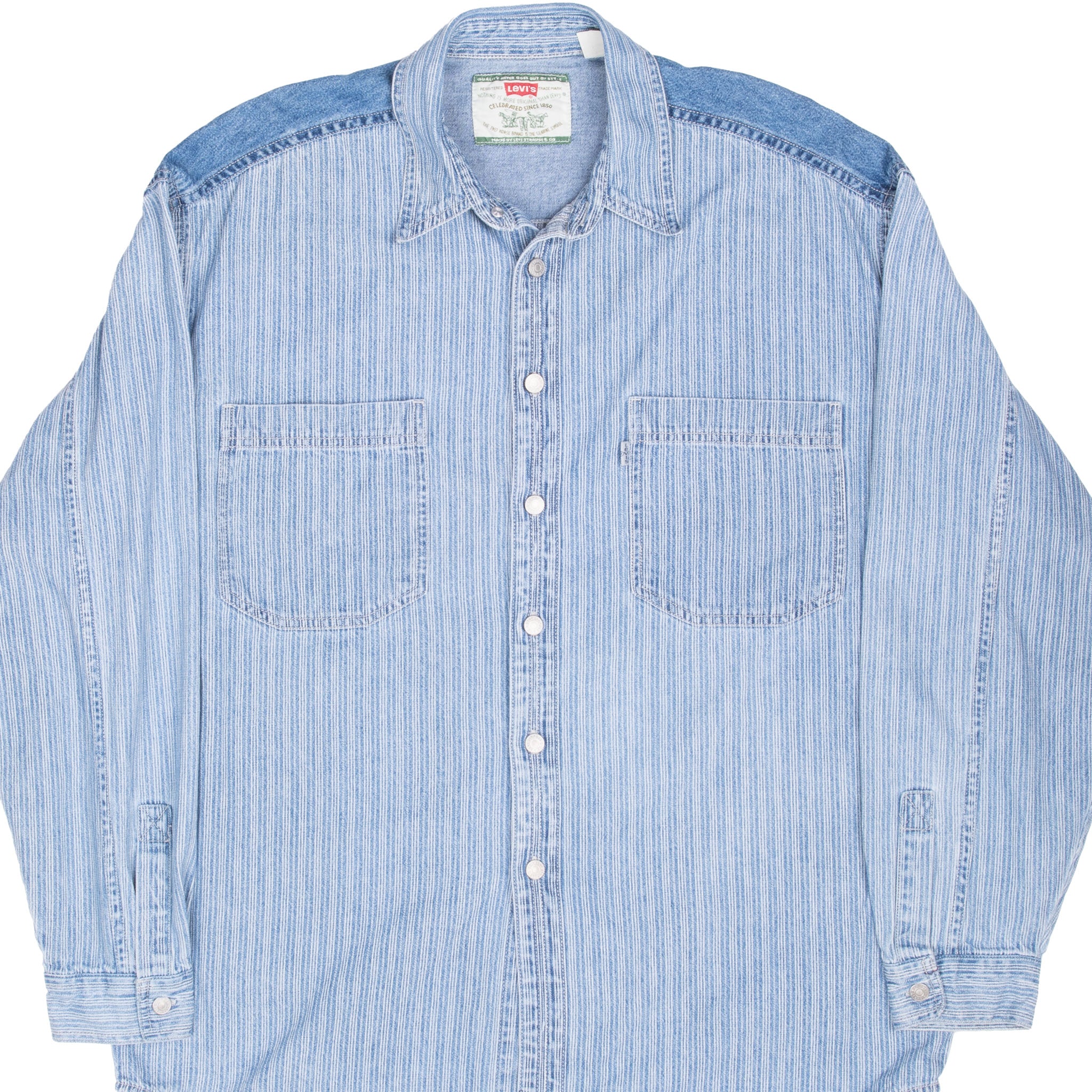 Vintage Levis Blue Stripe Grey Tab Pocket Shirt 1990S Size Large