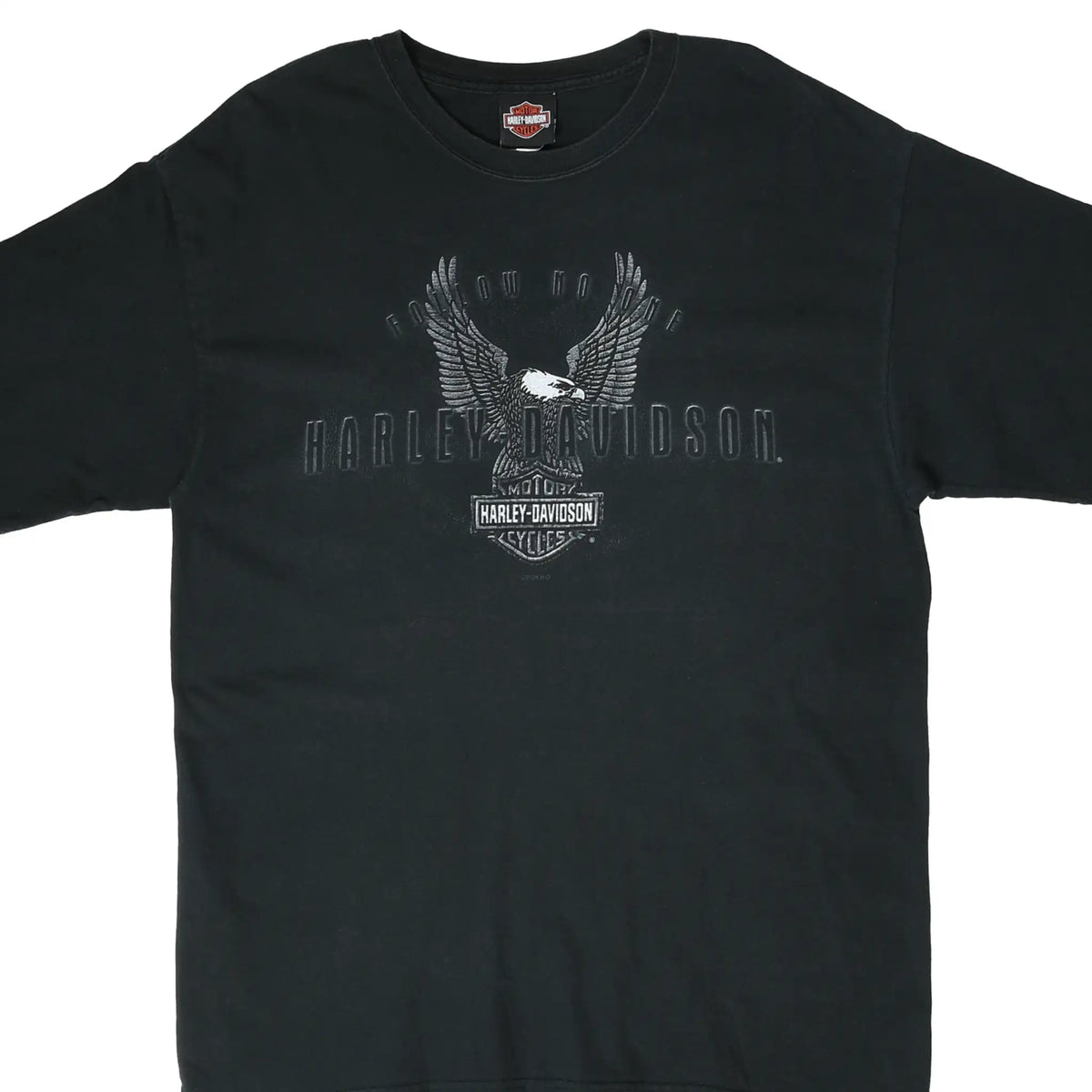 Front of black Harley-Davidson T-shirt with tonal eagle and bar-and-shield chest graphic