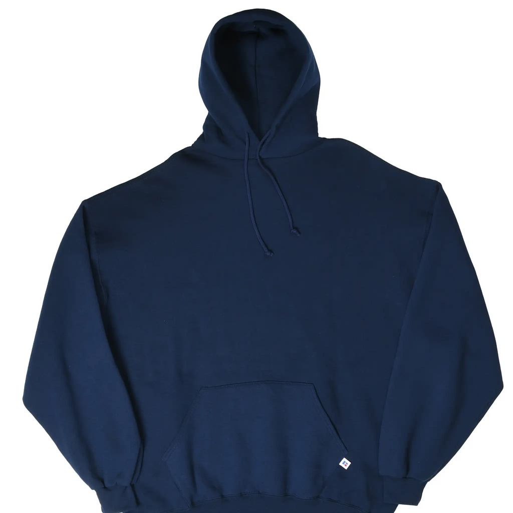 Front of navy blue Russell Athletic pullover hoodie with drawstrings and kangaroo pocket
