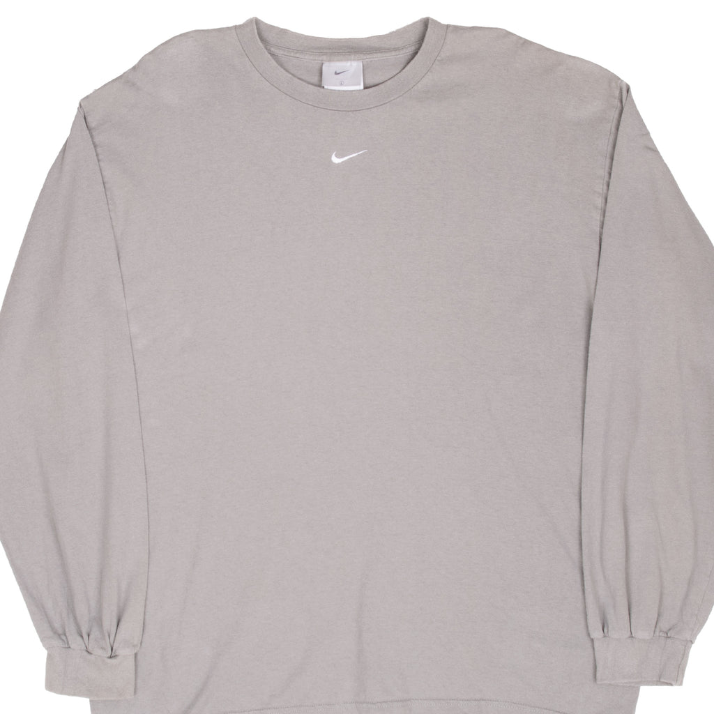 Front of grey Nike long-sleeve T-shirt with centered white embroidered Swoosh